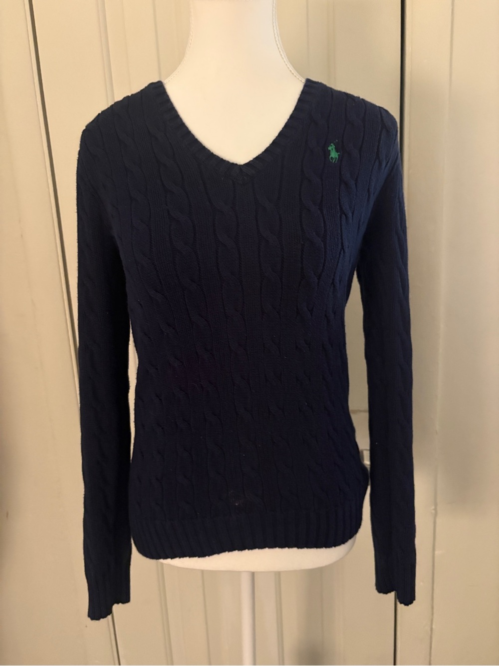 Ralph Lauren Navy Cable-Knit V-Neck Sweater with Green Pony